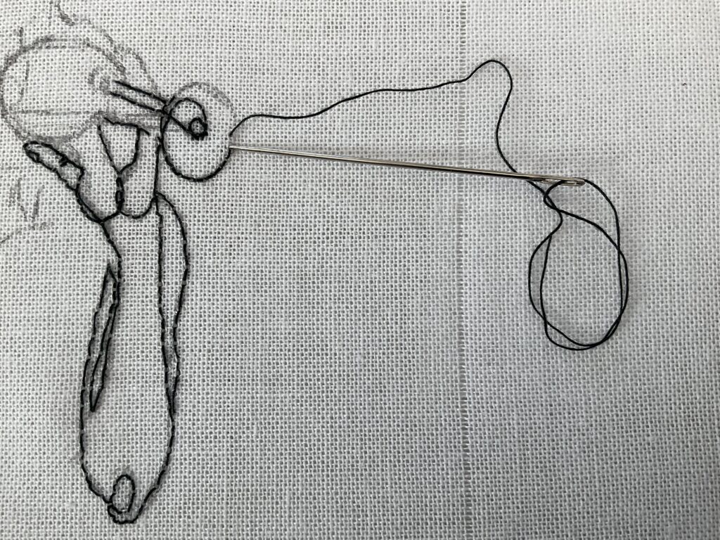 バックステッチの縫い方の説明に、わたしの刺している作品のアップの写真。