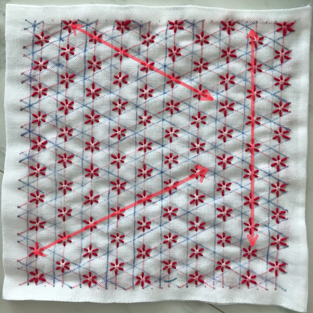 赤色の線を頼りした刺し方の説明画像