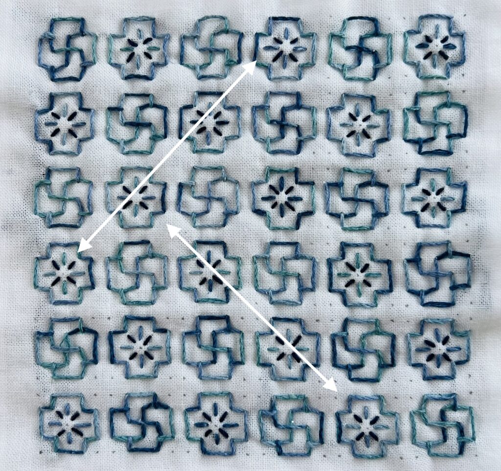 刺し子のつぼみ、花ひらくの刺し方画像