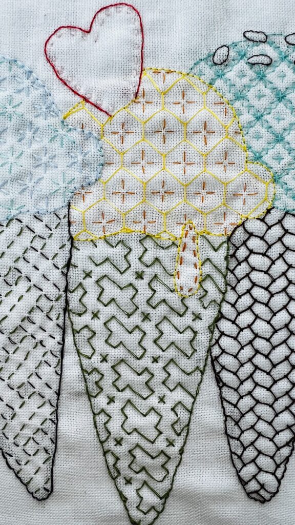 刺し子の亀甲花刺しと流し十字の画像