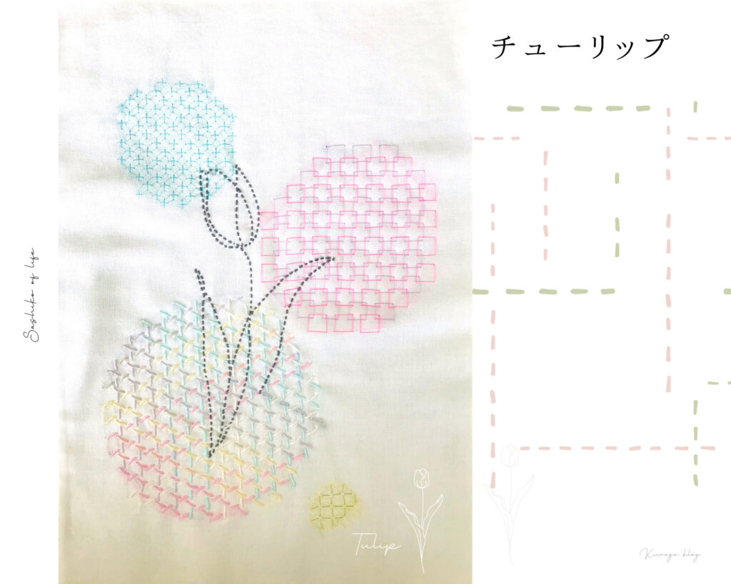 刺し子の寄せ模様「チューリップ」オリジナル図案画像