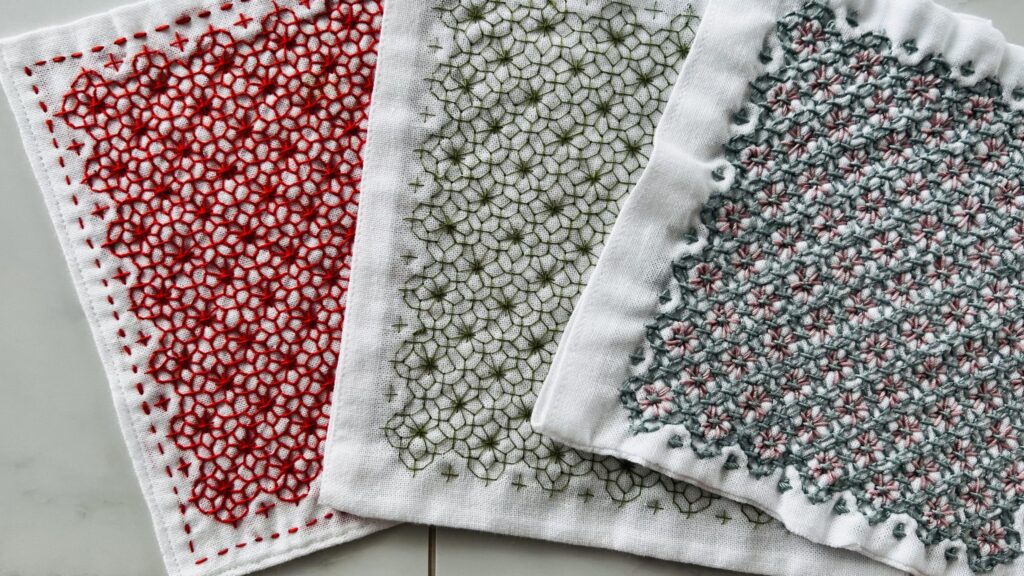 太さの違う変わり十字花刺しのふきん画像