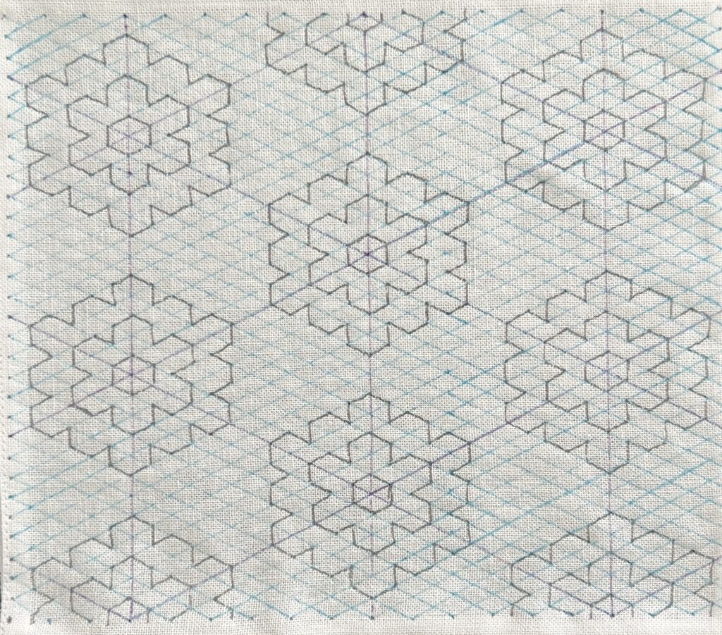 刺し子二重六剣花に鱗霰の描き方側