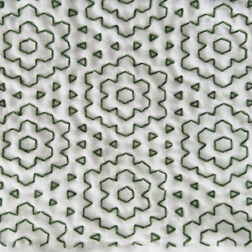 刺し子の二重六剣花に鱗霰の画像