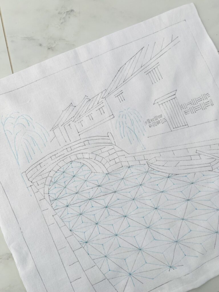 倉敷をスケッチした刺し子の下描き写真。